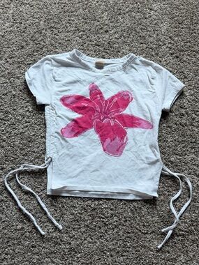 White Tee with Pink Hibiscus Flower